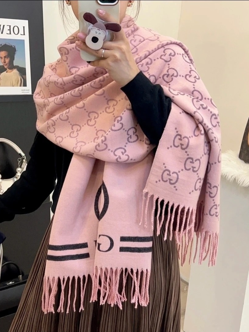 Luxury Pink Logo-Pattern Fringe Scarf - Women Accessories